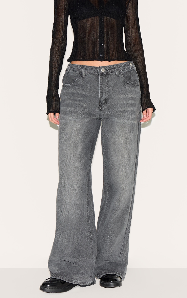 Washed Grey Button Detail Wide Leg Jeans image 2