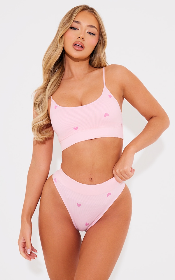Bralette côtelée rose à imprimé coeurs et col arrondi