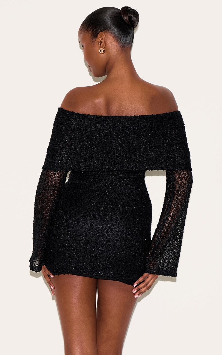 Black Textured Bardot Flare Long Sleeve Mini Dress image 2