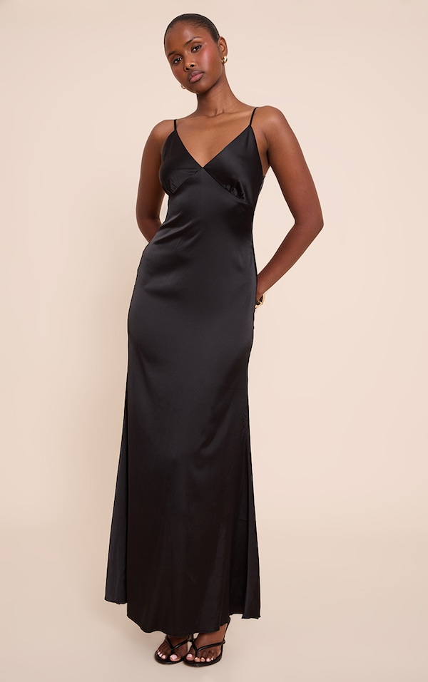 Black Satin Strappy Maxi Dress