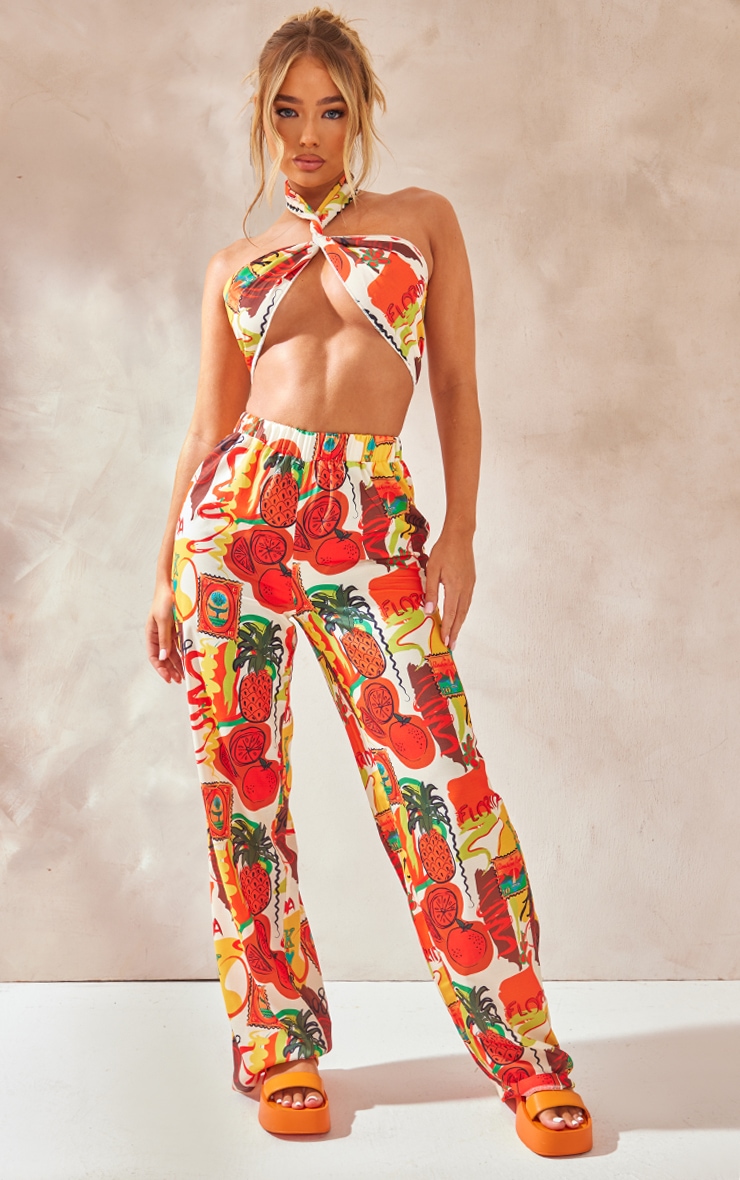 Multi Print Woven Elasticated Waist Wide Leg Trousers