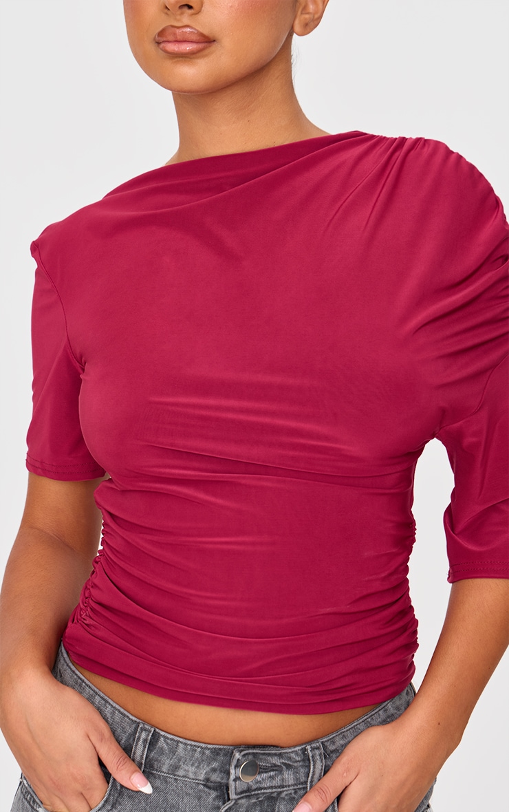 Petite Burgundy Double Slinky Ruched Short Sleeve Top image 4