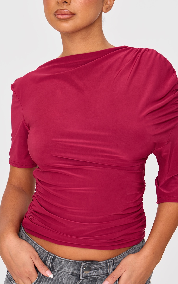 Petite Burgundy Double Slinky Ruched Short Sleeve Top image 4