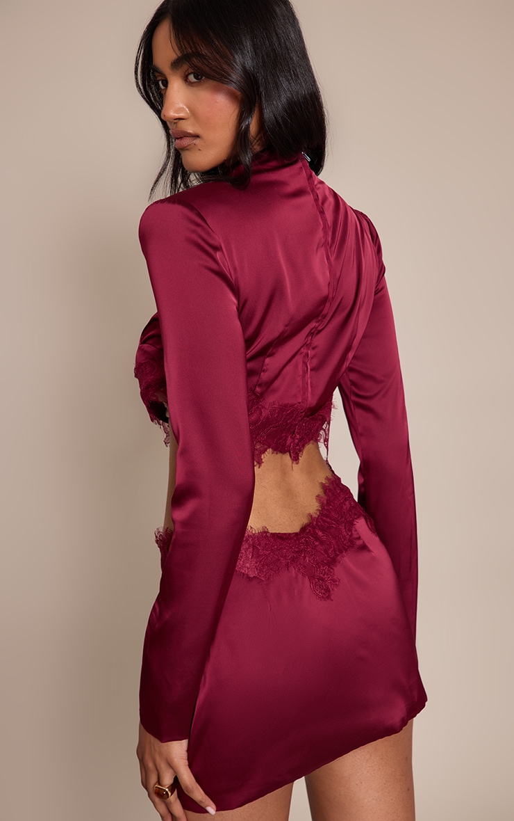 Burgundy Satin Lace Trim High Neck Long Sleeve Top image 2