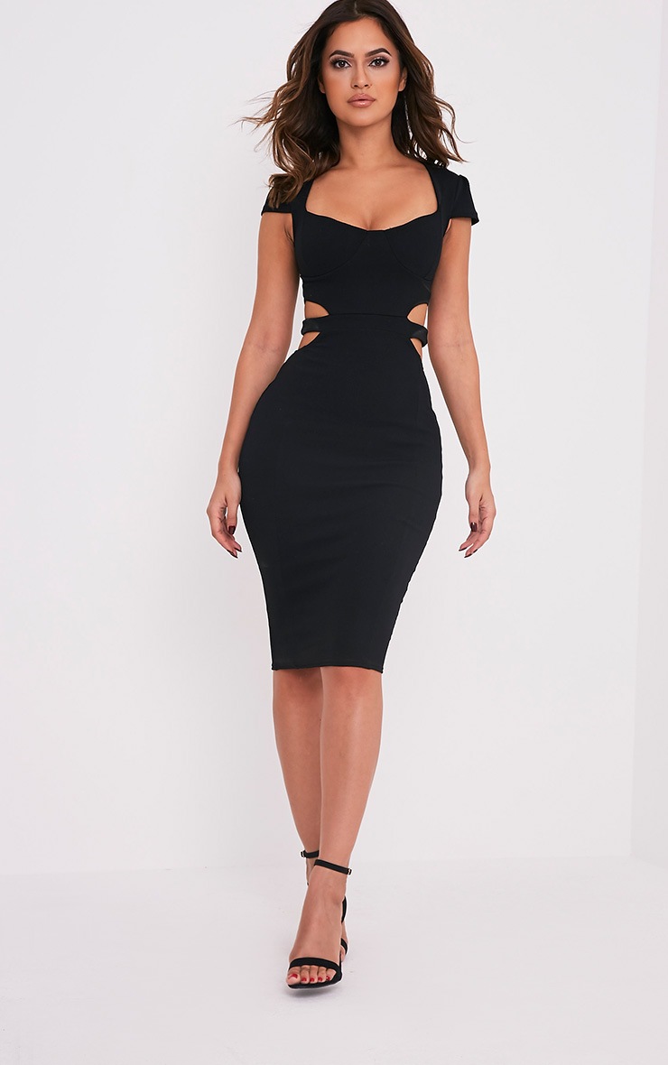 Marrie Black Capped Sleeve Midi Dress Dresses PrettylittleThing