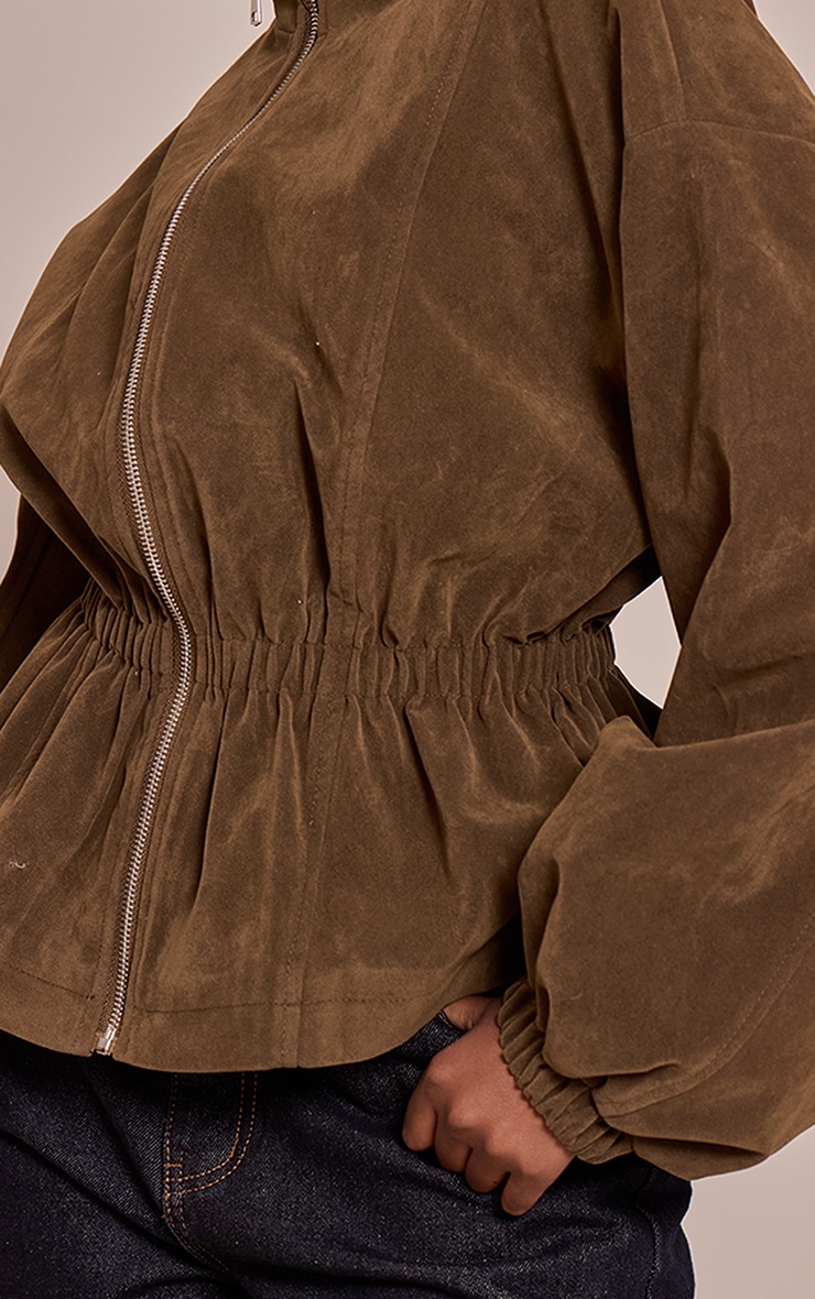Khaki Cinched Waist Suede Jacket image 4