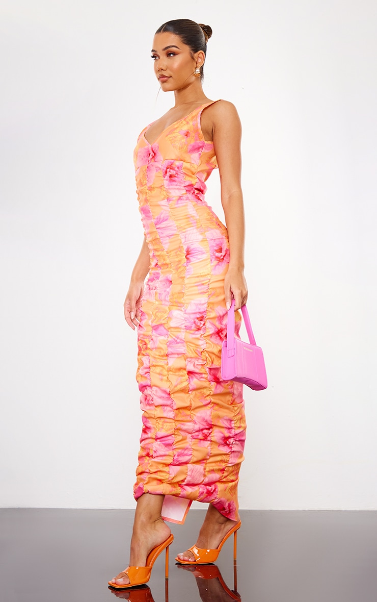 Pink Floral Printed Extreme Ruched Midaxi Dress image 3