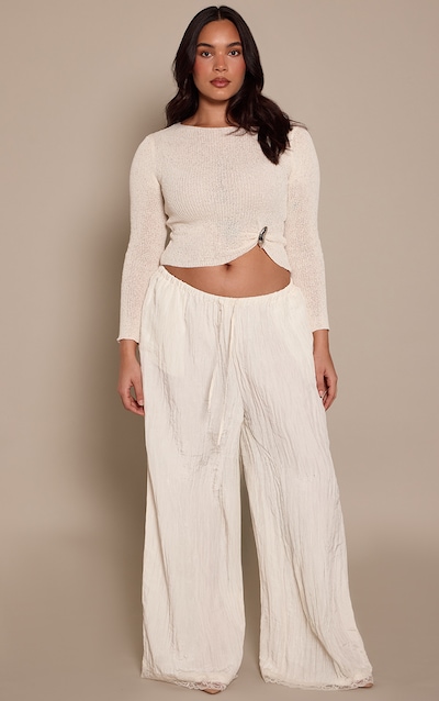 Plus Cream Textured Satin Lace Trim Trousers
