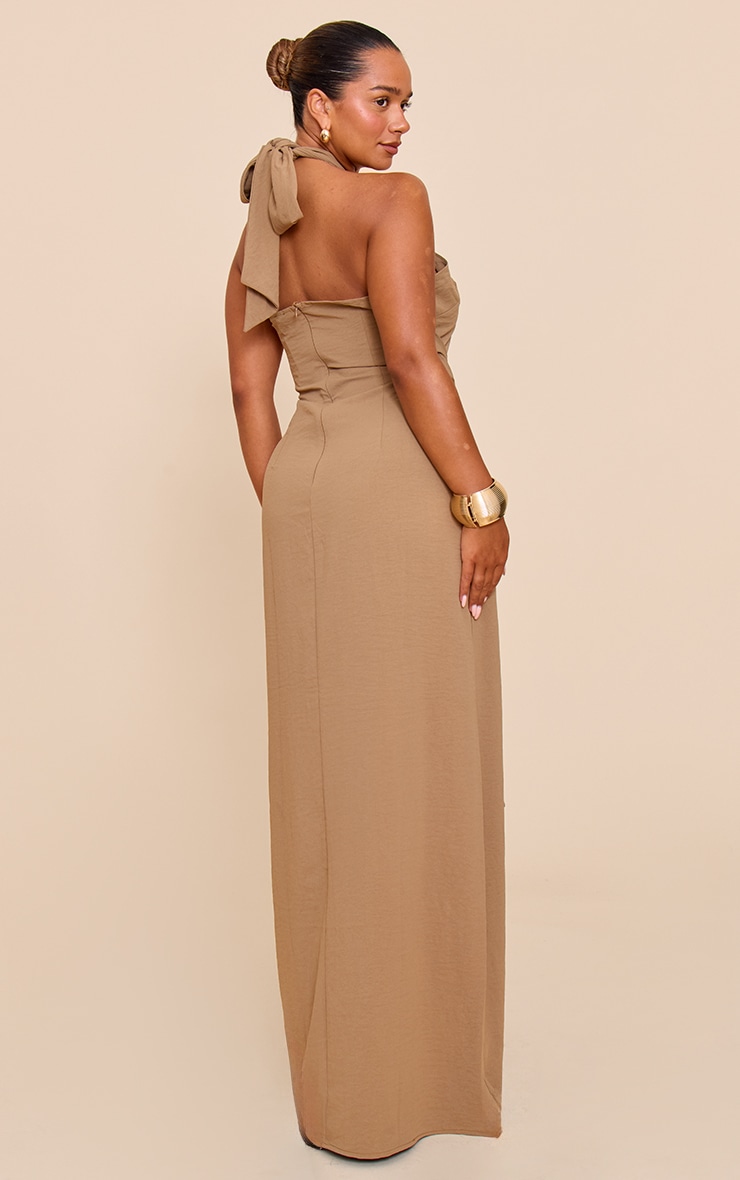 Shape Khaki Hammered Satin Ring Detail Halter Maxi Dress image 2