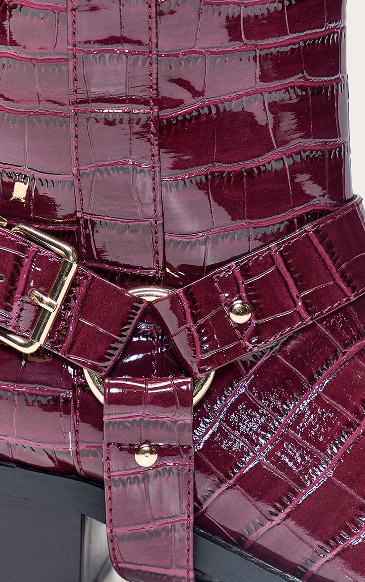 Burgundy Croc Patent Buckle Detail Knee High Boots image 5