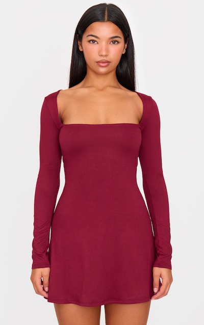 Burgundy Double Contour Square Neck Long Sleeve Bodycon Dress