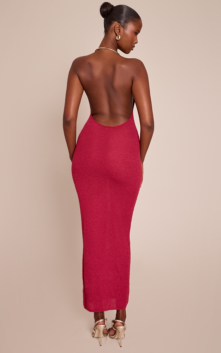 Robe longue en maille tricot bordeaux à empiècement collier doré image 2