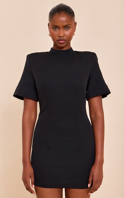 Black Woven Cinched Backless Mini Dress