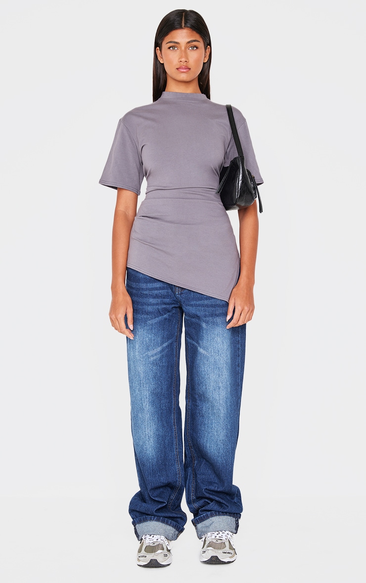 Charcoal Cotton Ruched Side Asymmetric Hem T-shirt image 3