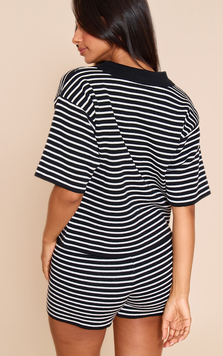 Petite Black Stripe Knitted Oversized Collared Top image 2