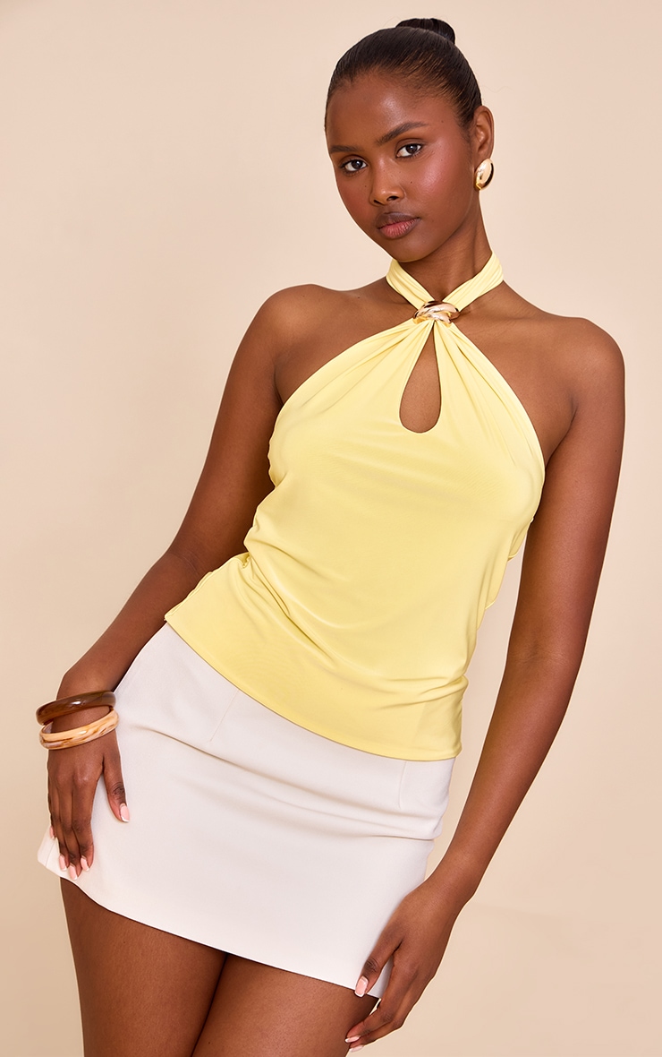 Lemon Double Layer Slinky Trim Halter Neck Long Top image 4