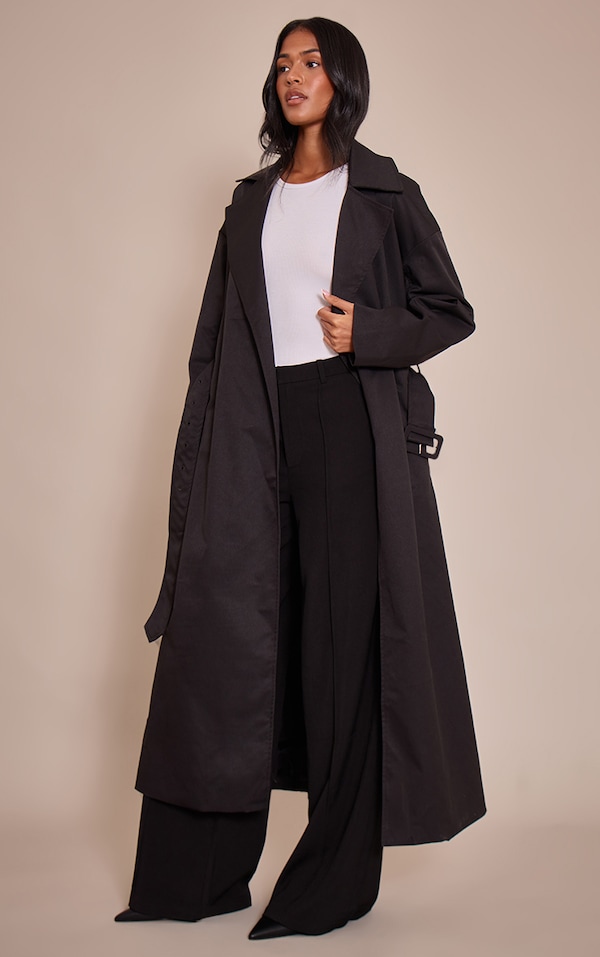 Tall Trench noir à taille à nouer