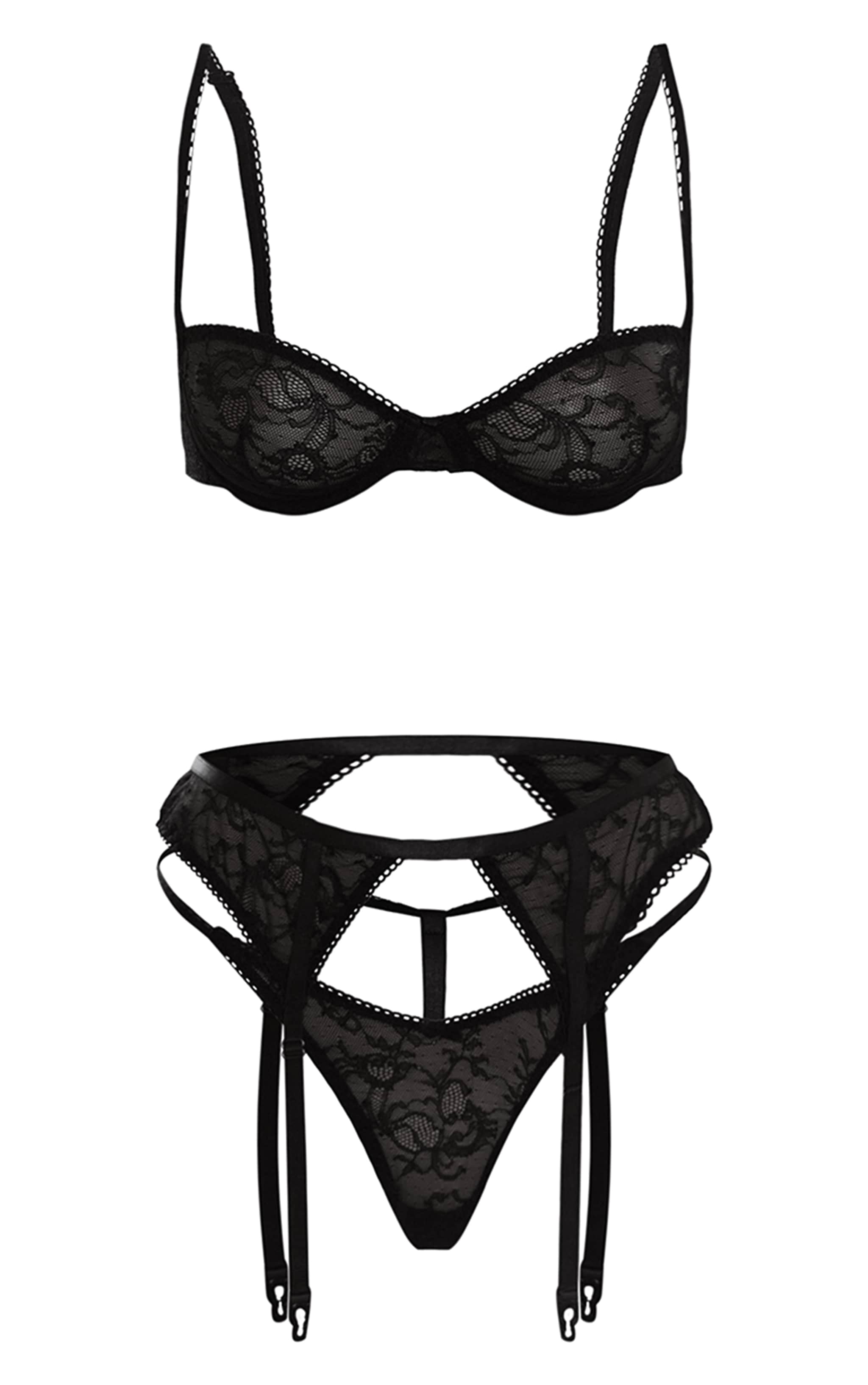 Black Rounded Cup Lace 3 Piece Suspender Set image 7