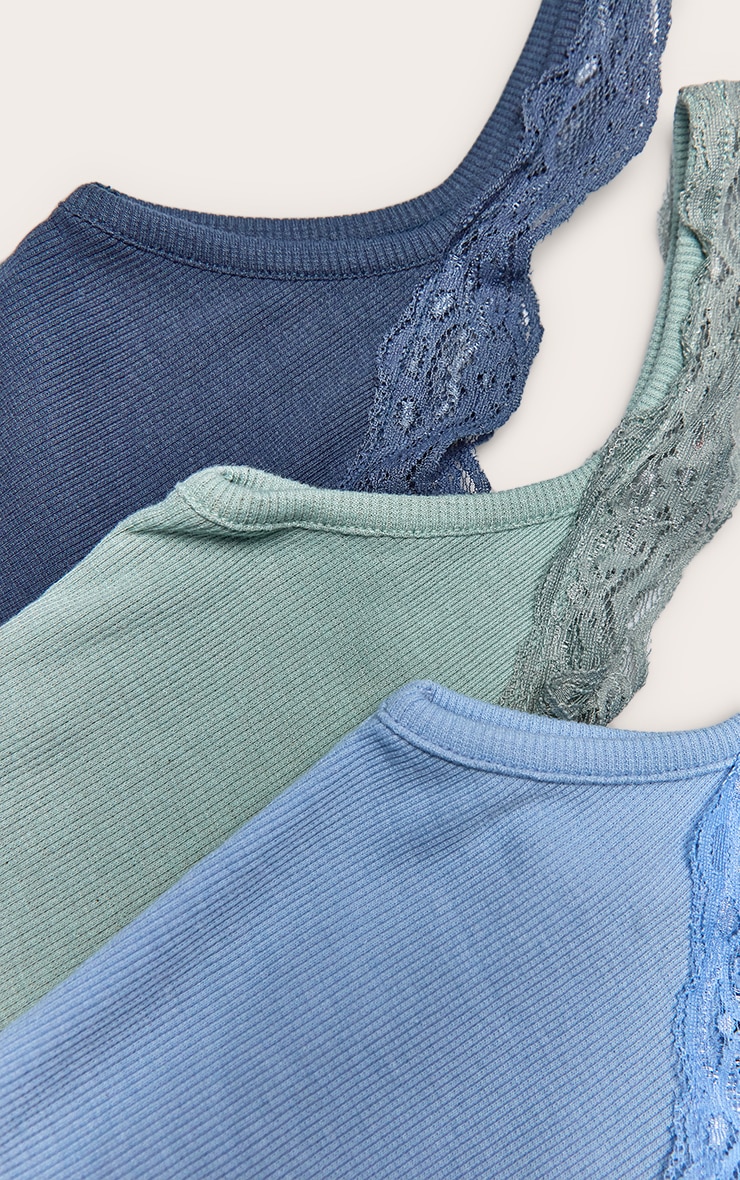 Blue Multi Pack of 3 Ribbed Lace Trim PJ Vests image 4