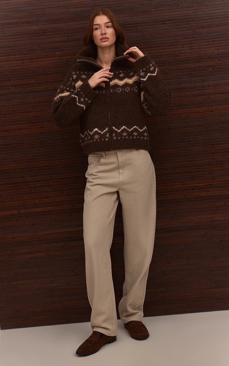 Brown Fairisle Zip Knit Cardigan image 3