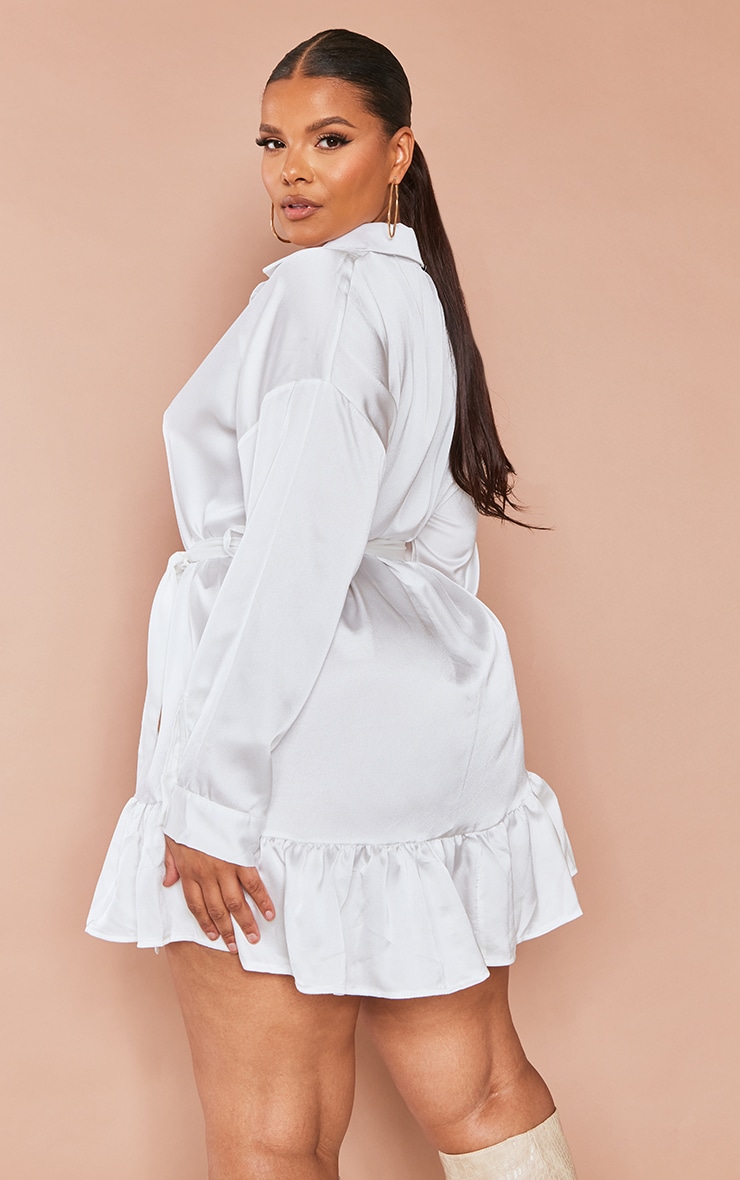 Plus Cream Frill Hem Satin Shirt Dress image 2