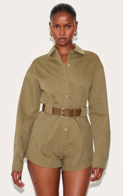 Combishort utilitaire tissé gris champignon à ceinture