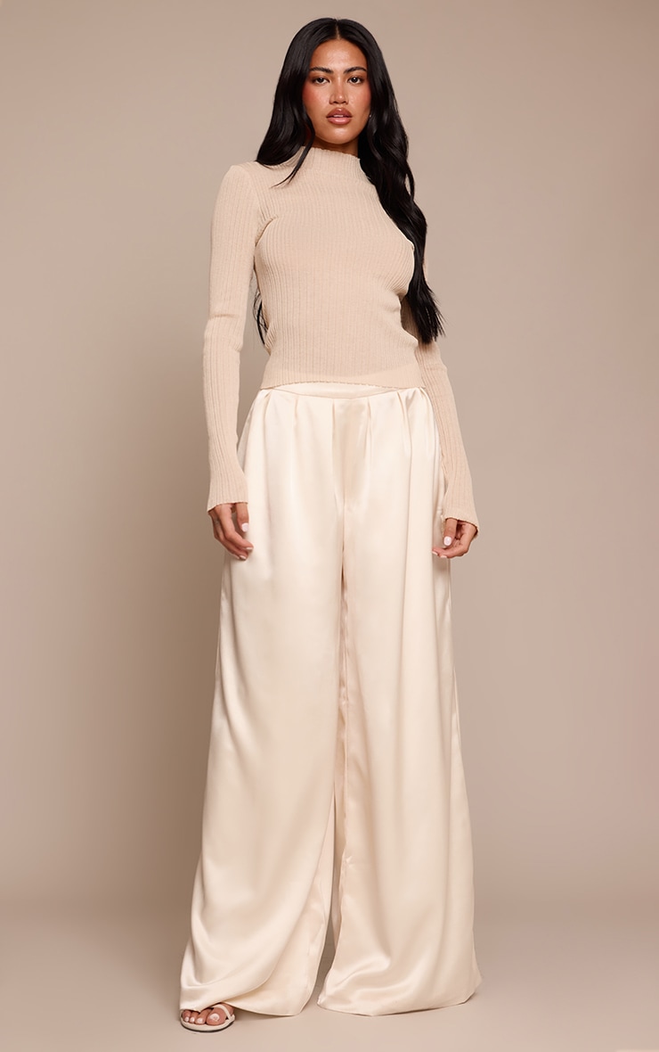 Cream Satin Pleated Wide Leg Pants image 1
