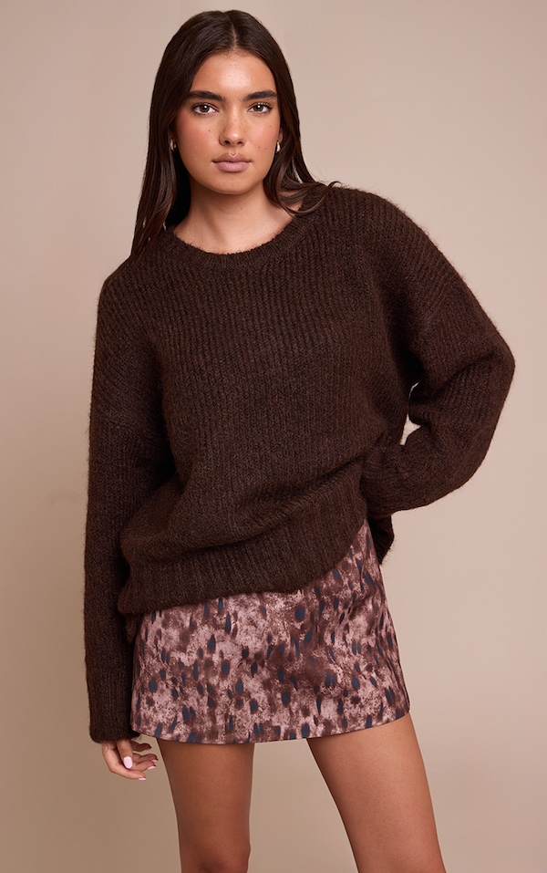 Mini-jupe trapèze tissée imprimé marron