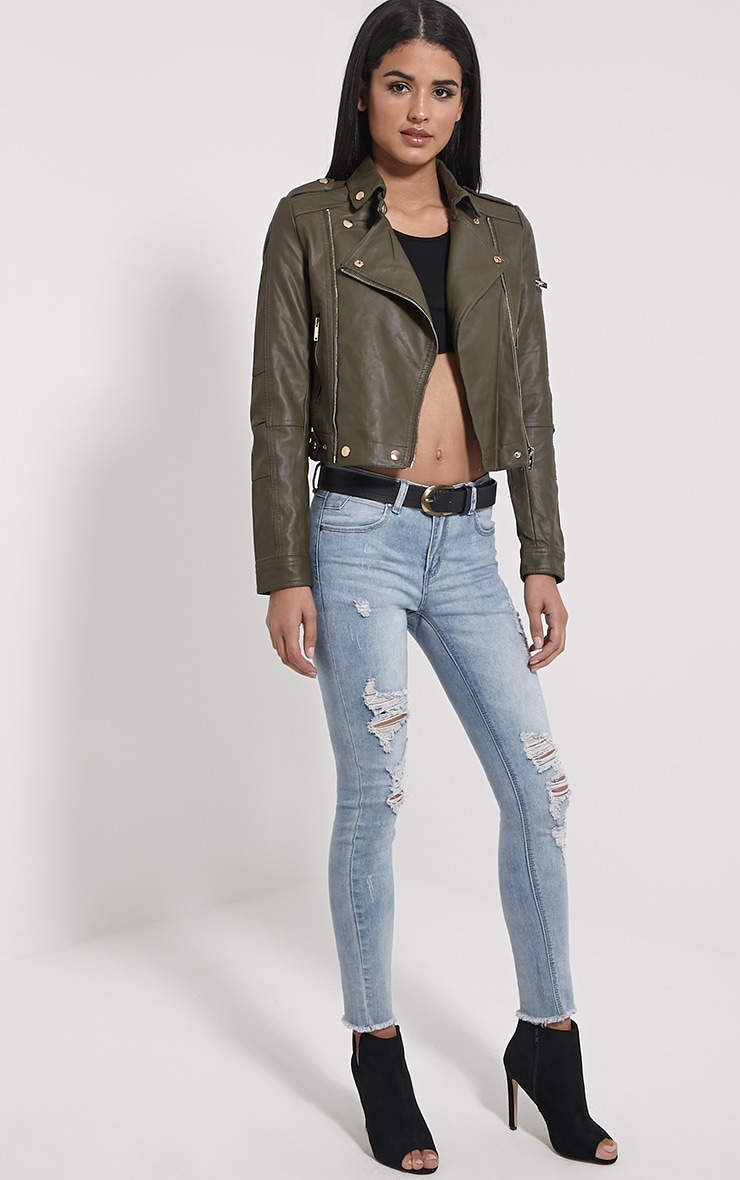Blake Khaki Faux Leather Biker Jacket PrettyLittleThing