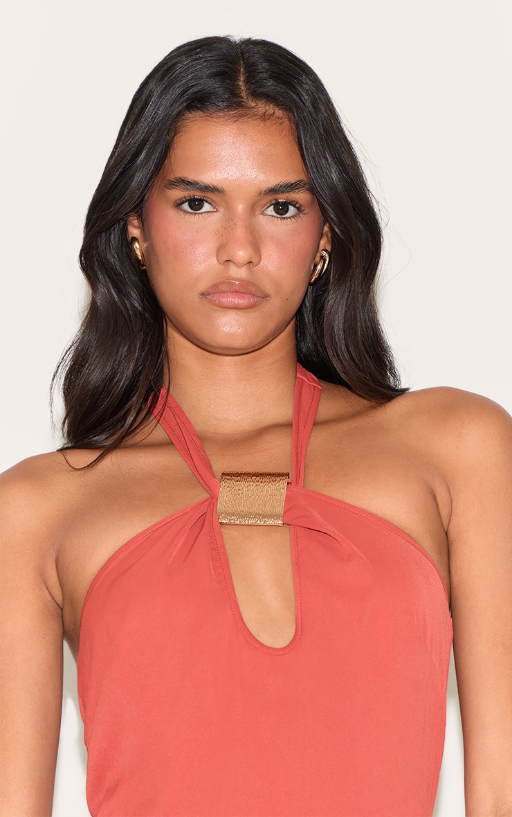 Rust Woven Halter Neck Trim Detail Maxi Dress image 4
