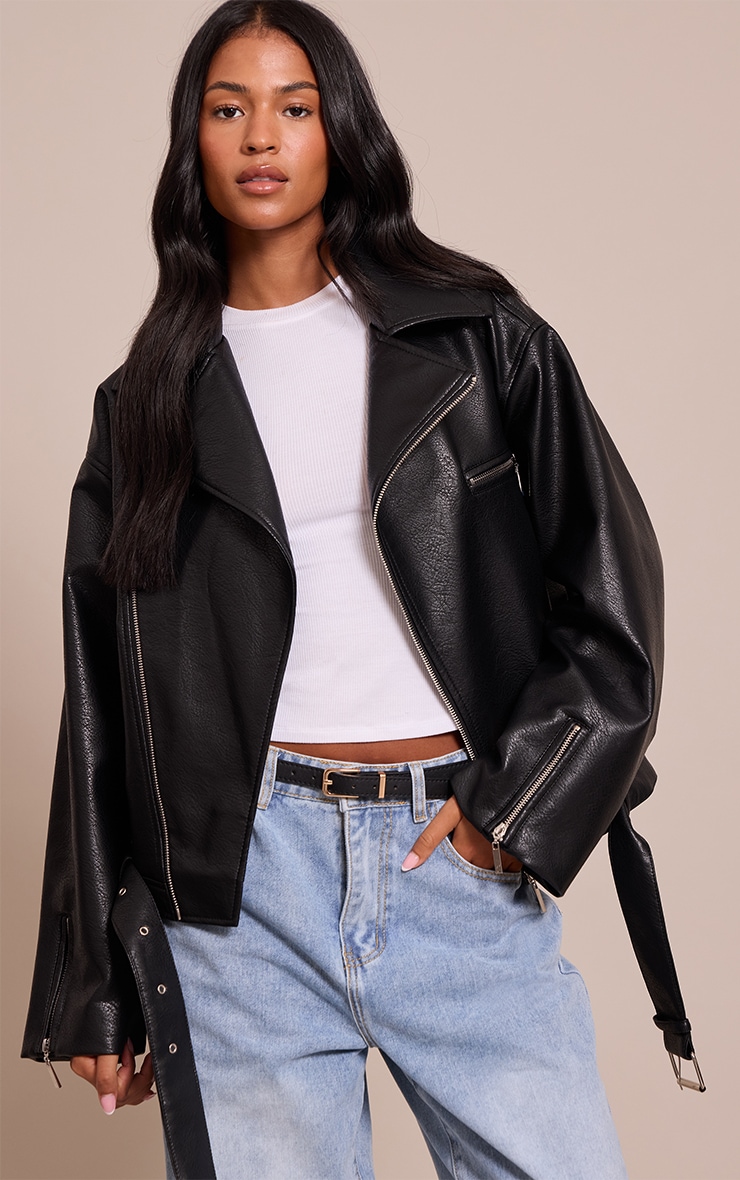 Tall Black Faux Leather Oversized Biker Jacket