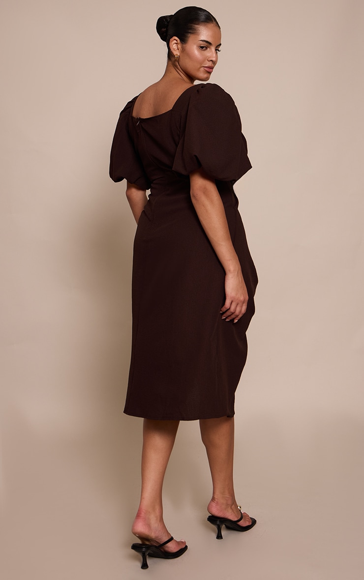 Plus Chocolate Puff Sleeve Ruched Split Side Midi Dress image 2