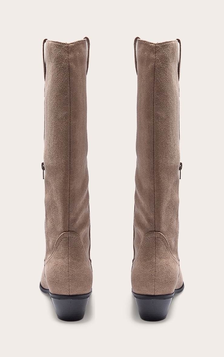 Taupe Faux Suede Point Toe Knee High Western Boots image 3