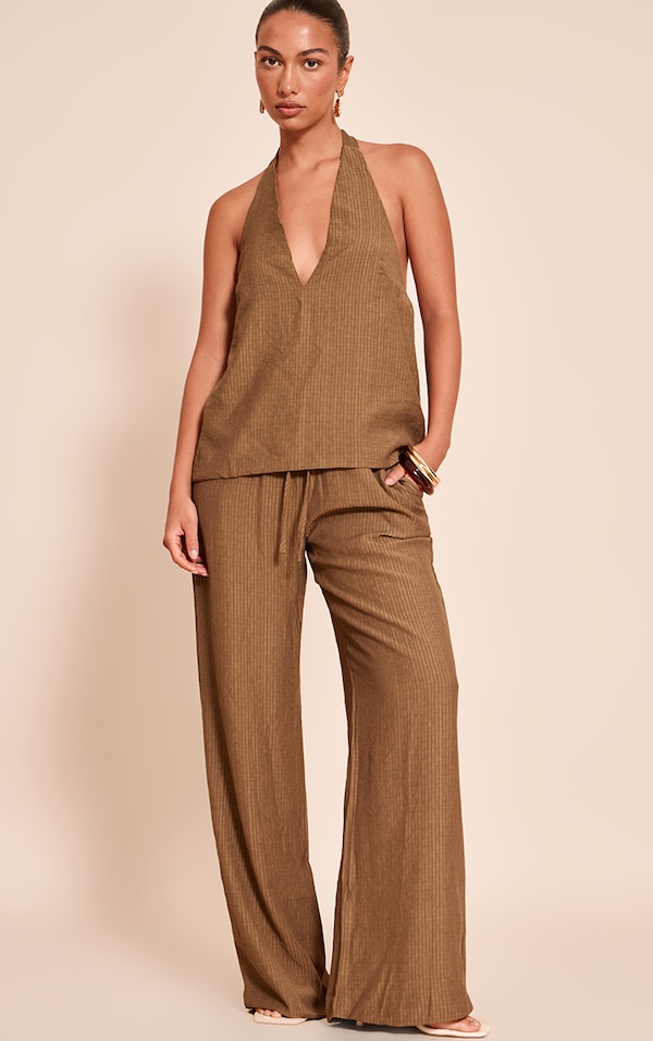 Pantalon large tissé chocolat à rayures et cordons ajustables