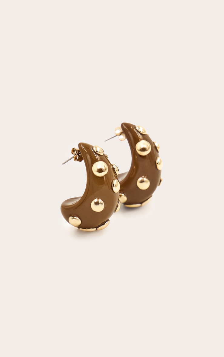 Smokey Brown Gold Studded Hoop Earrings image 3