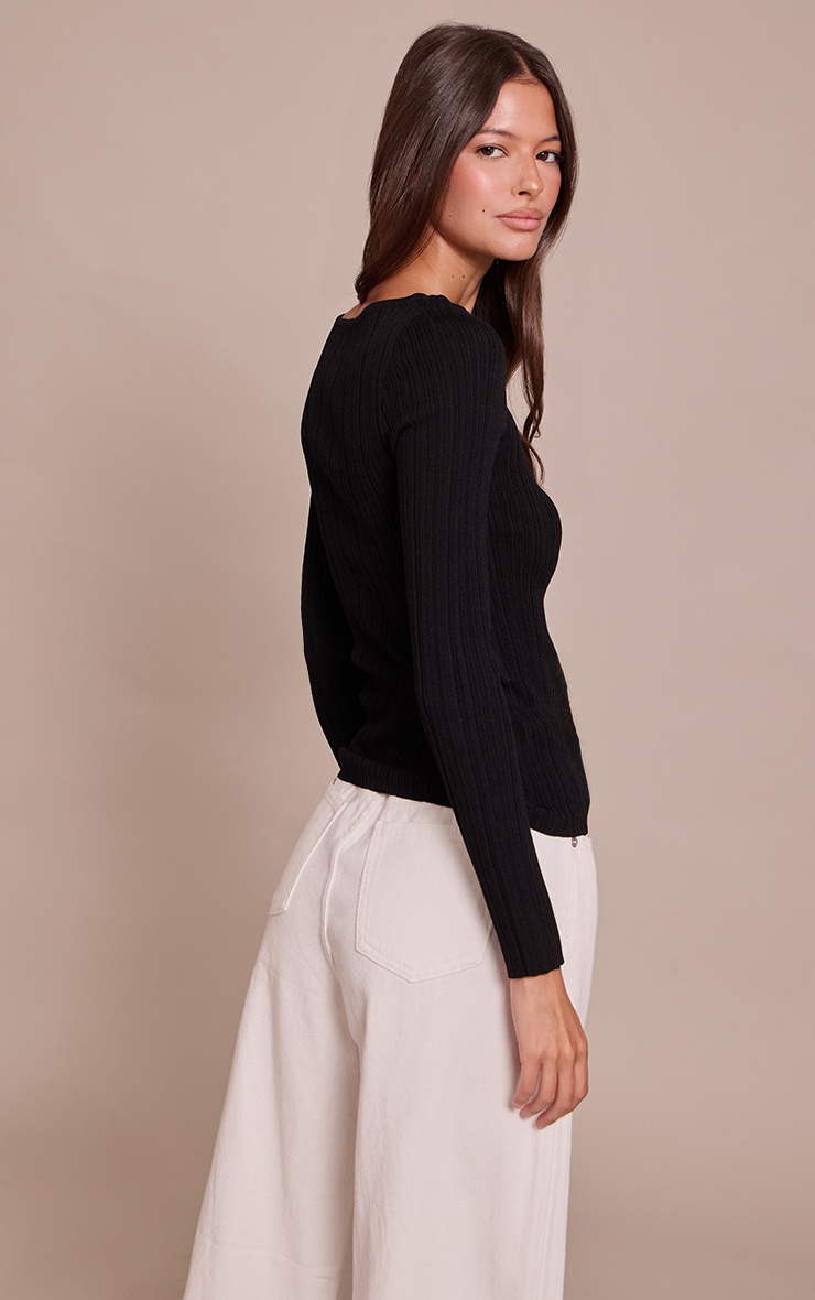 Black Fine Knit Boat Neck Rib Knit Top image 2
