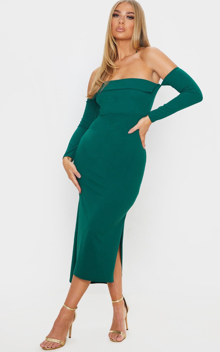 Robe mi-longue vert émeraude à col bateau replié