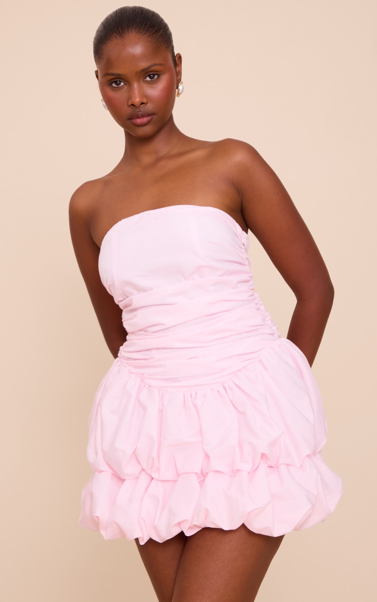 Baby Pink Bandeau Ruched Puffball Mini Dress image 1