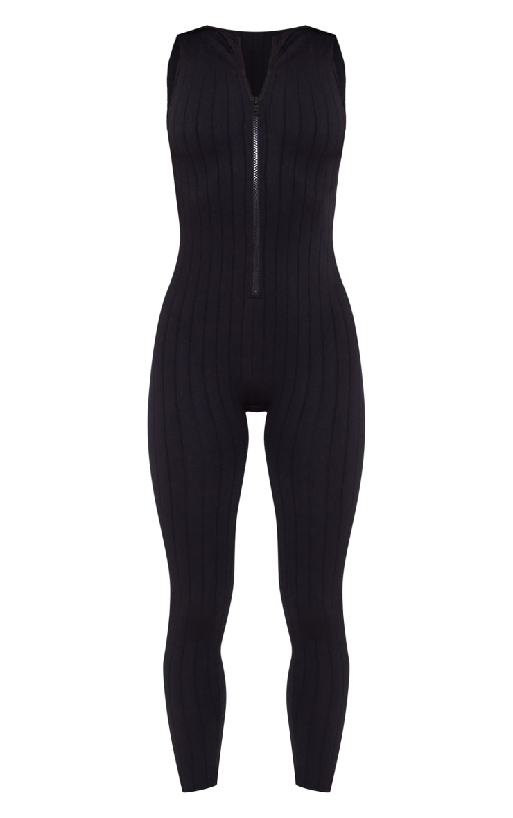 Petite Black Structured Snatched Rib Racer Jumpsuit image 5
