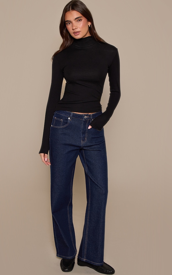Indigo High Waist Straight Leg Stretch Jeans