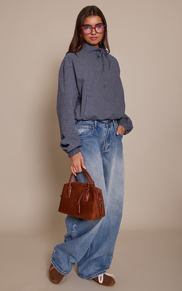 Blue Checked High Neck Tie Detail Long Sleeve Shirt image 3