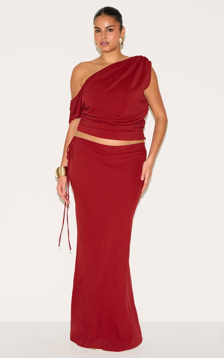 Plus Deep Red Floaty Woven Tie Side Low Rise Maxi Skirt image 1