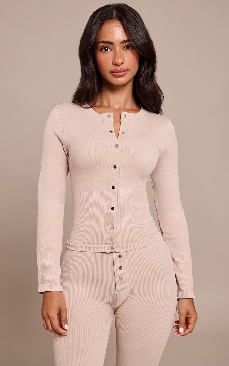 Petite Stone Snatched Rib Long Sleeve Button Up Long Top image 1