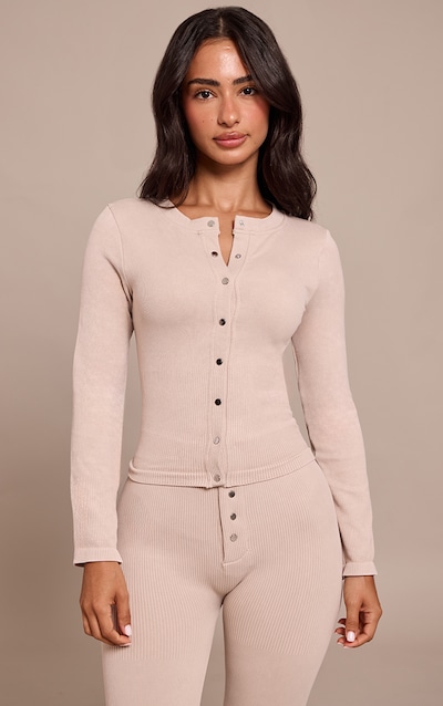 Petite Stone Snatched Rib Long Sleeve Button Up Long Top