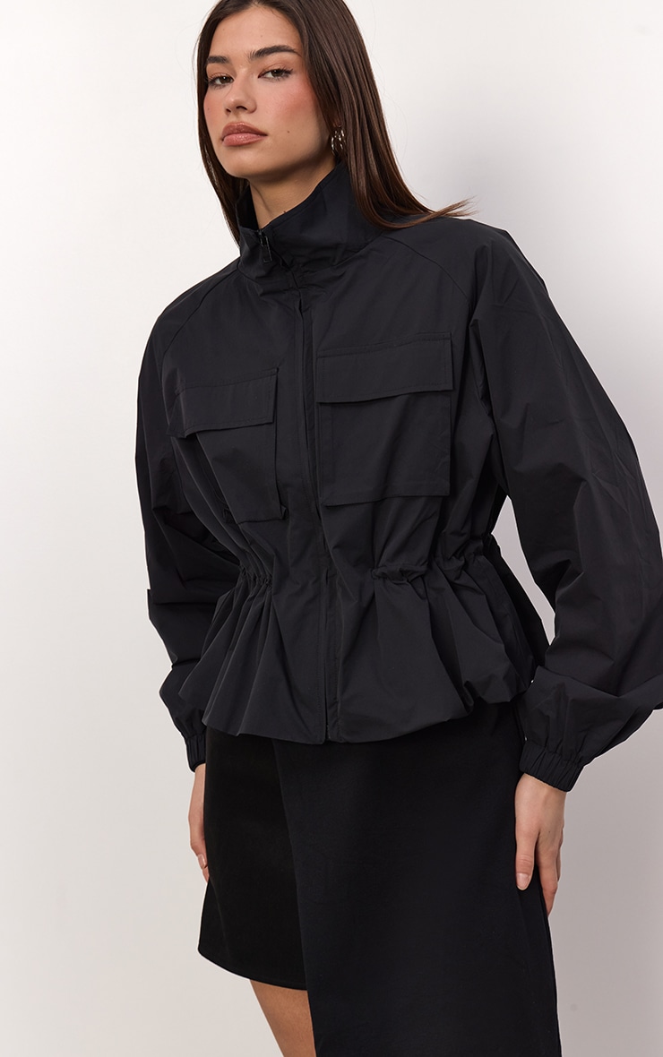 Black Cinch Waist Pocket Detail Rain Coat image 4