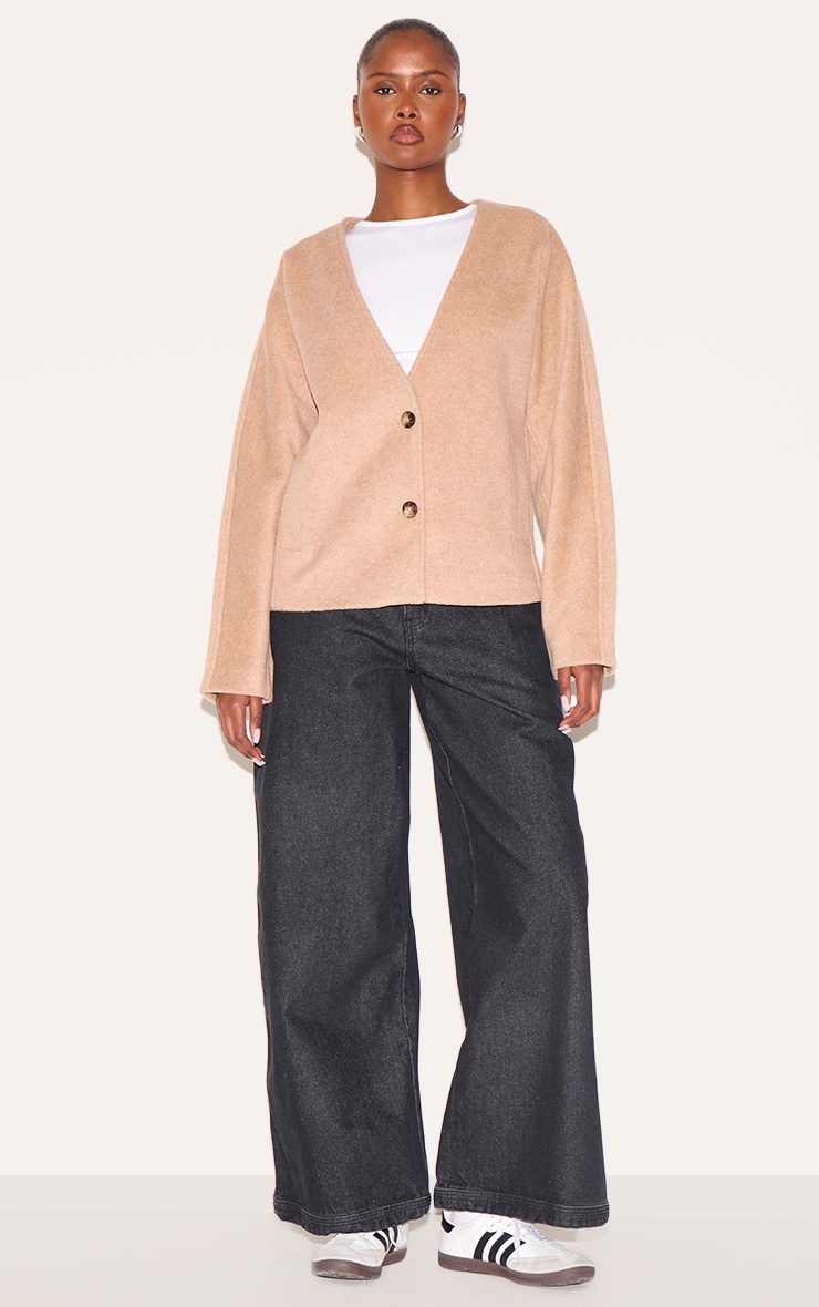 Mocha Wool Look Button Up V Neck Jacket image 3