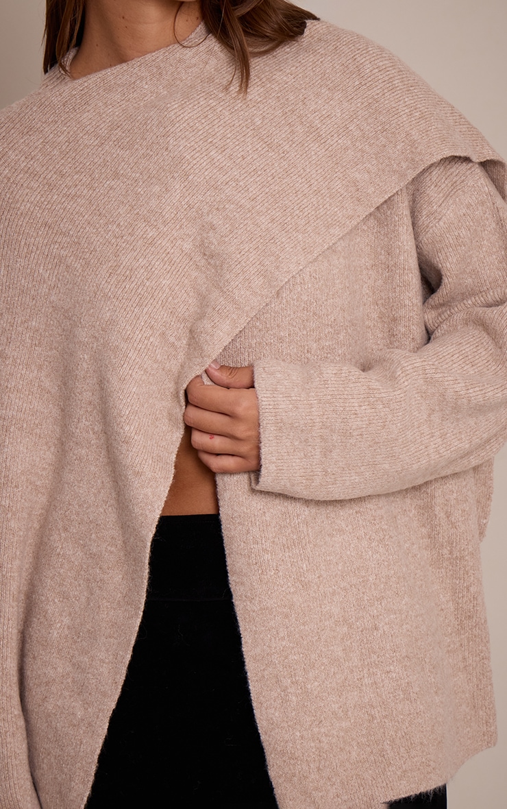 Oatmeal  Scarf Detail Soft Knit Sweater image 4