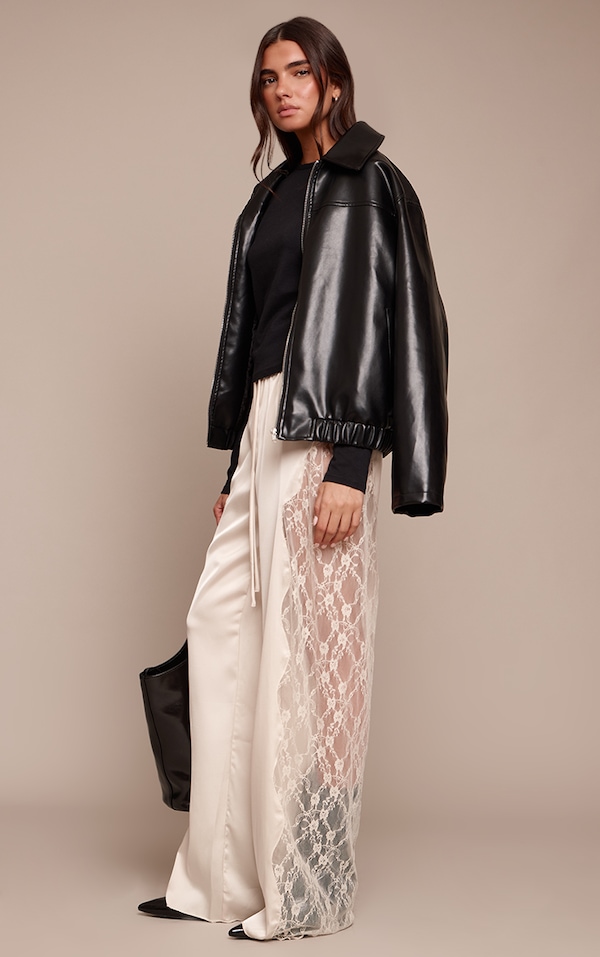 Cream Satin Lace Drawstring Pants