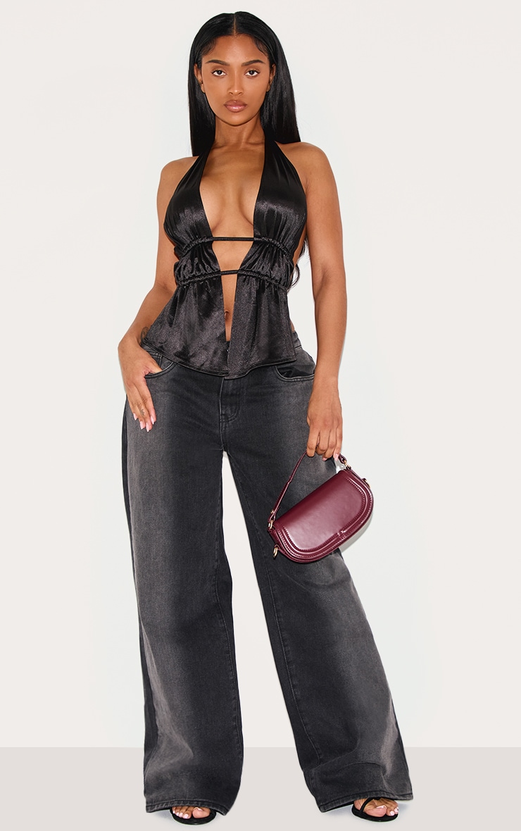 Shape Black Satin Split Front Plunge Halter Neck Top image 3