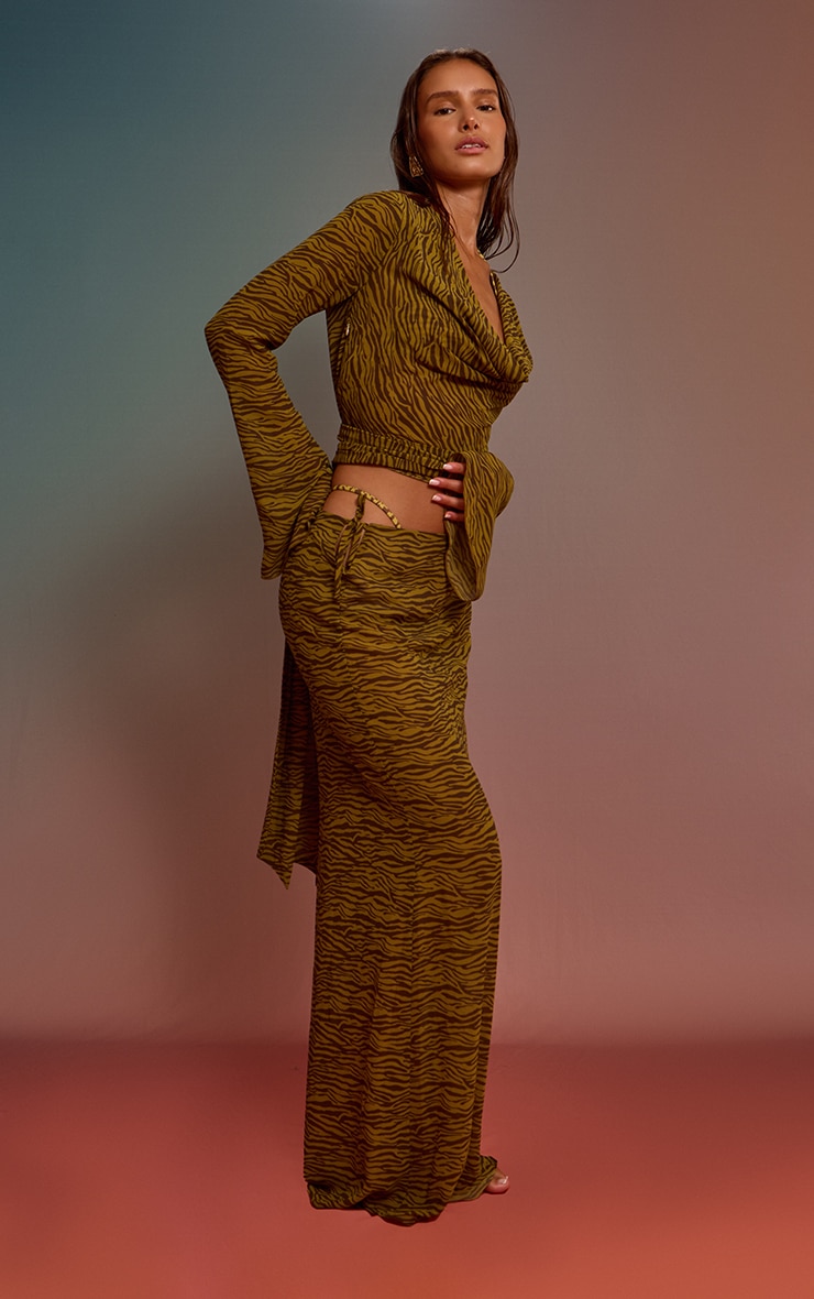 Olive Zebra Printed Chiffon Wrap Waist Beach Top image 3